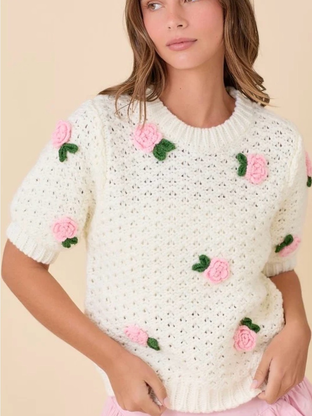 Main Strip Cream Knit Crewneck Sweater with Pink Rose Appliqués
